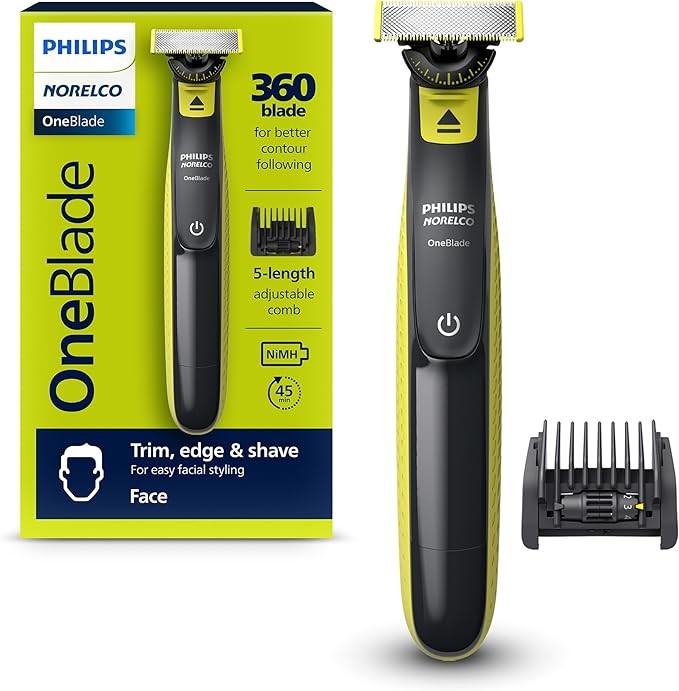 Philips Norelco OneBlade 360 Hybrid Face, Electric Beard Trimmer and Shaver, with 360 Blade Technology, 1x 360 Blade for Face, 5in1 Adjustable Comb