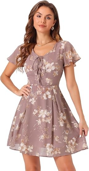 Allegra K Women's Floral Printed Spring Summer Flare Short Sleeve Lace-up V Neck Chiffon Dress Color: Dark Pink