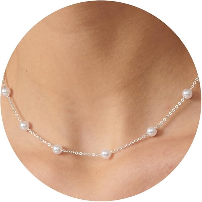 Pearl Necklace for Women- 14K Gold-plated/White Gold-plated Dainty Pearl Necklace for Women Color: Silver station chain