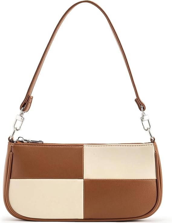 NIUEIMEE ZHOU Shoulder Bag for Women Retro Vegan Leather Classic Clutch Tote HandBags Purses with Zipper Closure Color: 02 Brown White