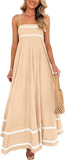 Women's summer flowing long dress casual sleeveless spaghetti strap ruffled beach dress Color: Beige