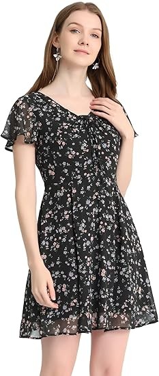 Allegra K Women's Floral Printed Spring Summer Flare Short Sleeve Lace-up V Neck Chiffon Dress Color: Black a