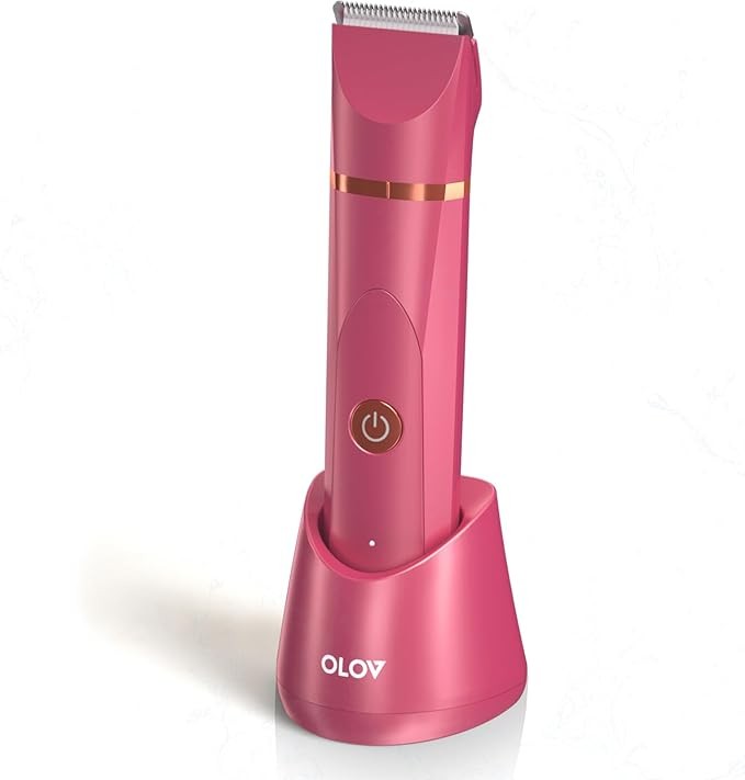 OLOV Electric Body Hair Trimmer - Groin Trimmer for Men - Bikini Trimmer for Women - Wet and Dry Shaver, Replaceable Ceramic Heads, USB Charging Base, Waterproof Hygienic Shaver, Pink
