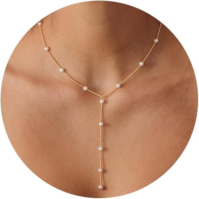 Pearl Necklace for Women- 14K Gold-plated/White Gold-plated Dainty Pearl Necklace for Women Color: Gold Y chain