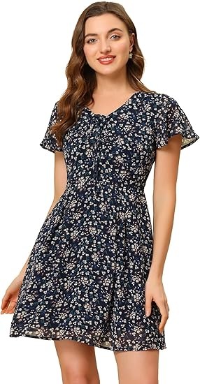 Allegra K Women's Floral Printed Spring Summer Flare Short Sleeve Lace-up V Neck Chiffon Dress Color: Navy Blue