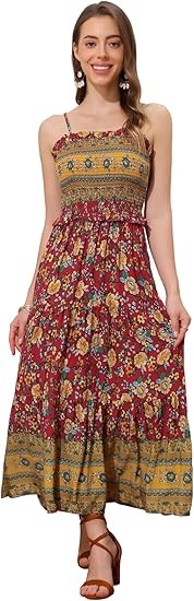 Bohemian style summer floral dress for women, spaghetti strap A-line flowing pleated maxi dress Color: Red