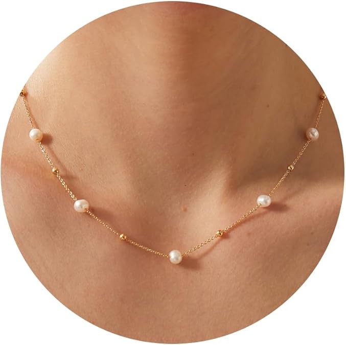 Pearl Necklace for Women- 14K Gold-plated/White Gold-plated Dainty Pearl Necklace for Women  Color: Bead pearl station