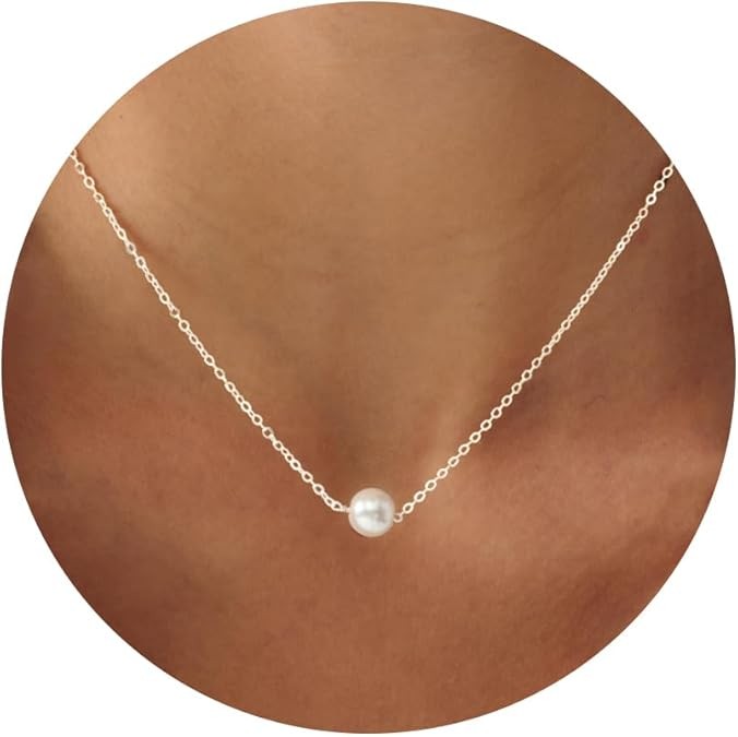 Pearl Necklace for Women- 14K Gold-plated/White Gold-plated Dainty Pearl Necklace for Women Color: Silver single pearl