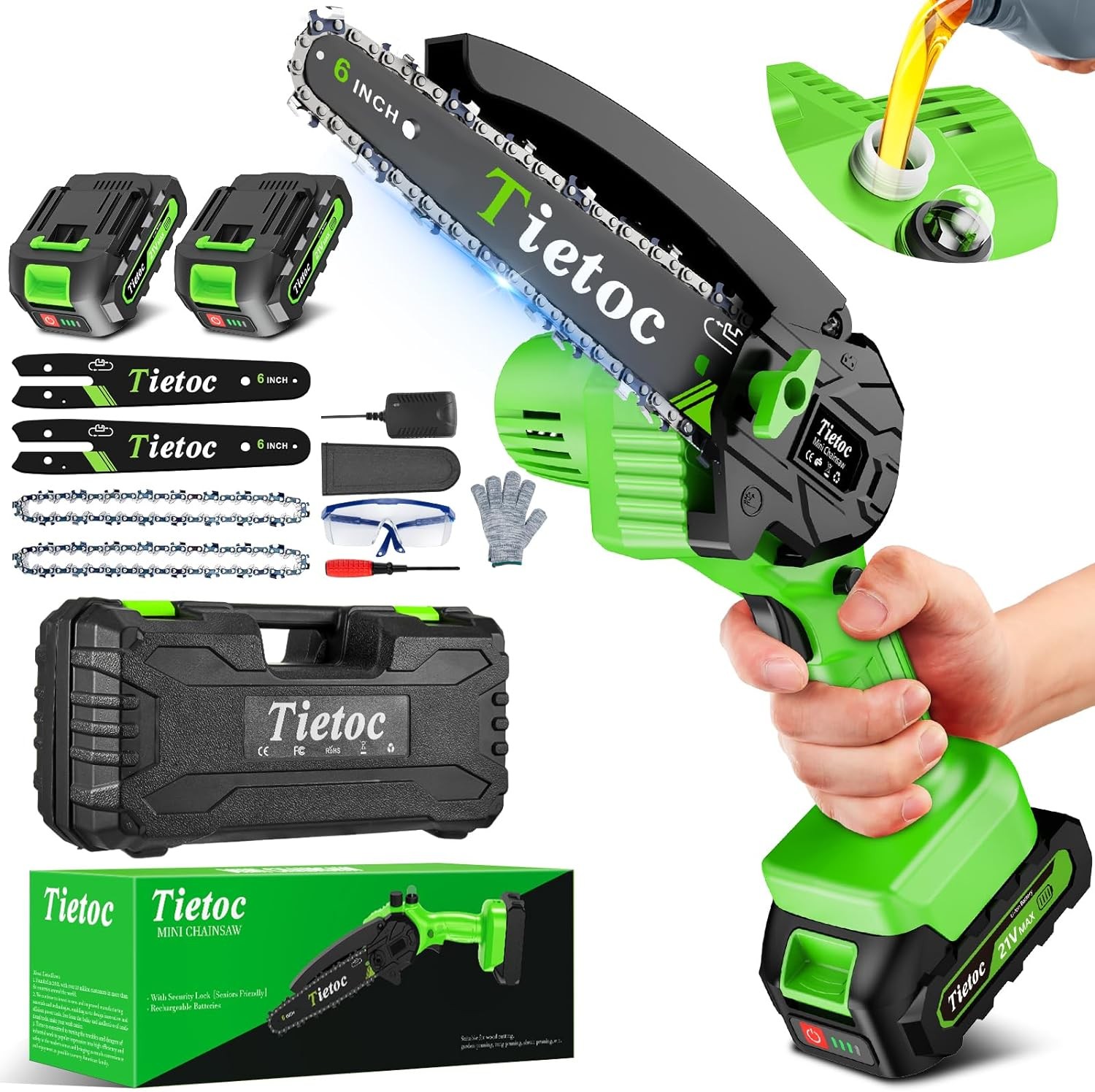 Tietoc Mini Chainsaw 6 Inch with 2 Batteries, Great Chainsaw Gift for Men, Dad, Husband and Gardener, Cool Gadget for Men, Great Men's Gift for Dad on Birthday Style: Green - 2 batteries