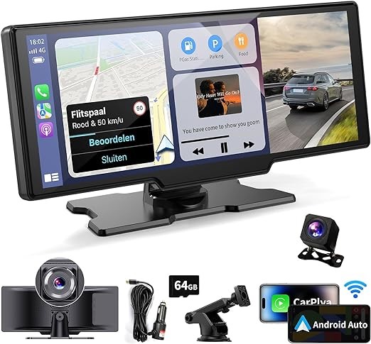 Wireless Portable Carplay Screen for Car - 10.26 Inch Carplay & Android Auto Car Touch Screen, with Dash Cam, Backup Camera, Bluetooth, GPS Navigation, Navigation for All Vehicles