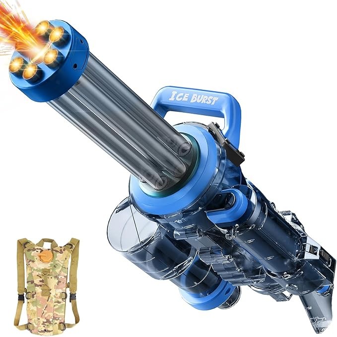 Gatling Electric Water Gun, suitable for adults and children, the most powerful fully automatic water gun, equipped with a large capacity backpack, with a range of up to 36 feet, dazzling gunshot, muz