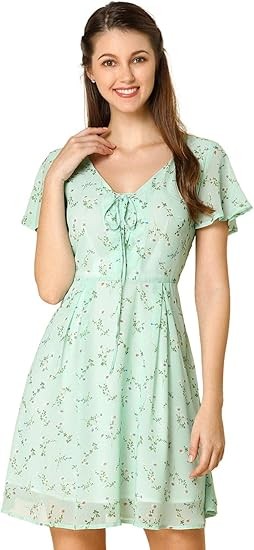 Allegra K Women's Floral Printed Spring Summer Flare Short Sleeve Lace-up V Neck Chiffon Dress Color: Light Green