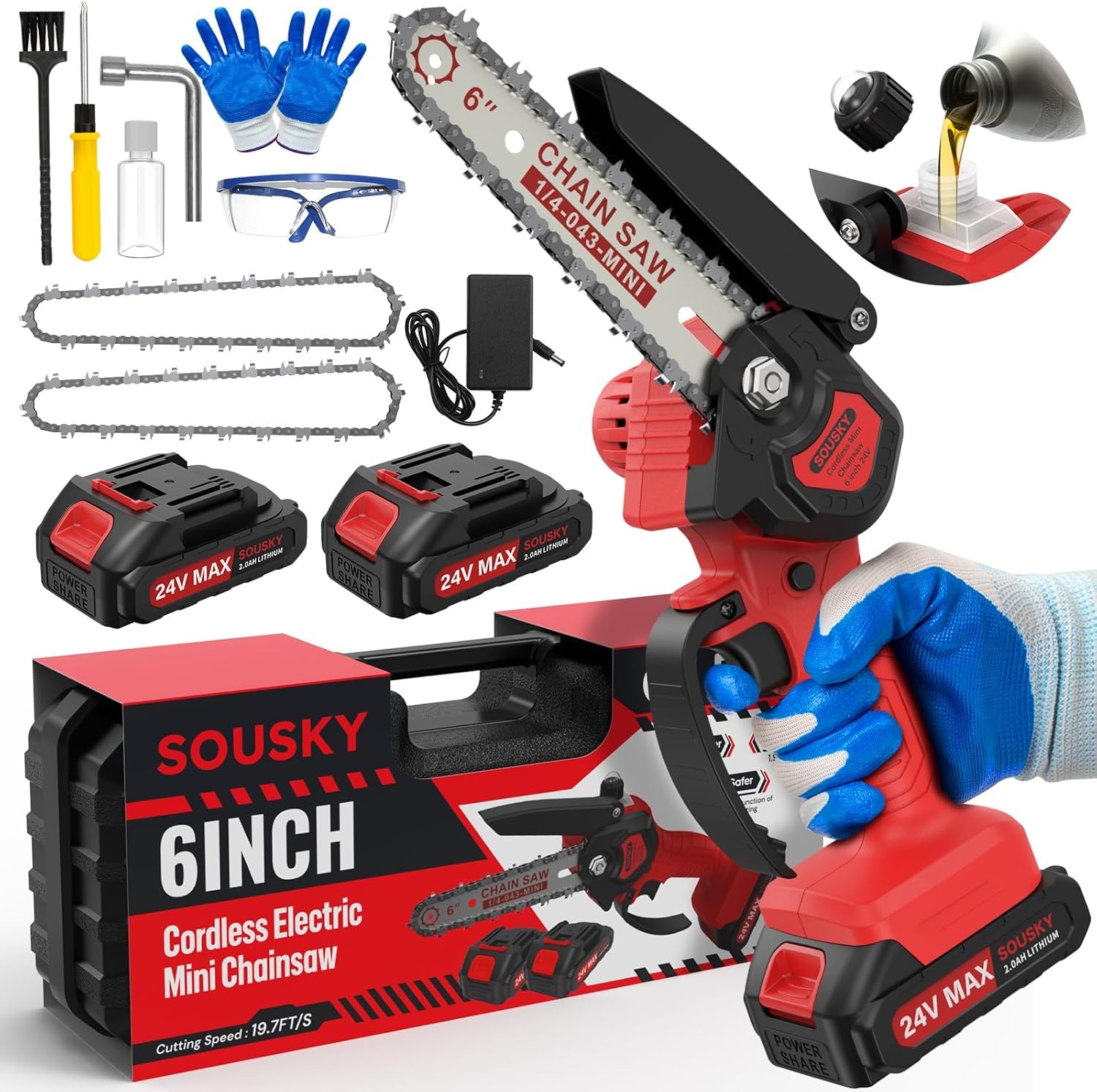 6 Inch Mini Chainsaw Cordless, 24V 2000mAh Rechargeable Battery, Auto-Oil, Lightweight & Safe Chainsaw for Women/Men/Seniors/Craftsman, Garden Tree Cutting, Wood Pruning Tool Color: Red