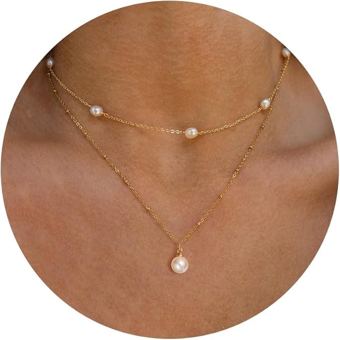 Pearl Necklace for Women- 14K Gold-plated/White Gold-plated Dainty Pearl Necklace for Women Color: Gold Layered 325