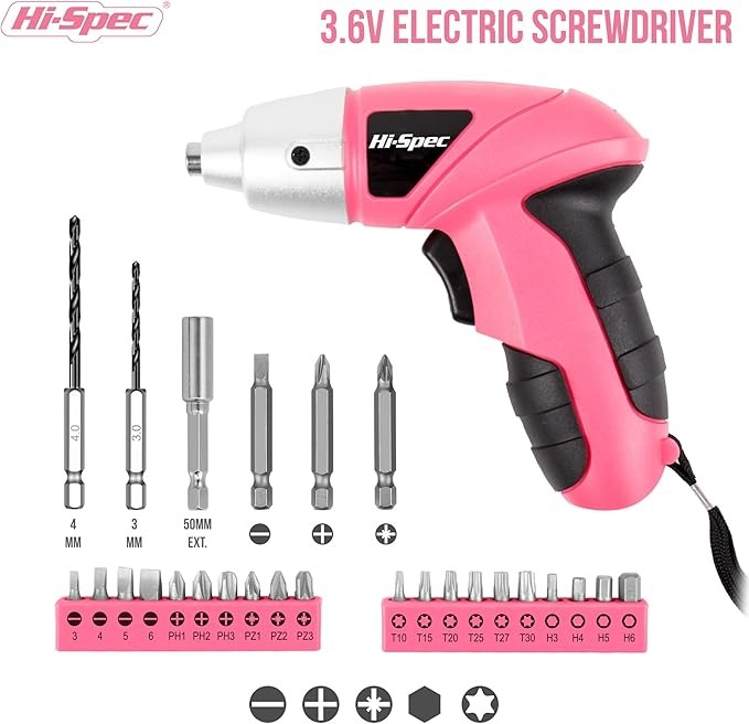 Hi-Spec Electric Screwdriver 27pc 3.6V Pink USB Small Power Screwdriver Set. Cordless & Rechargeable with Driver Bit Set Color: Pink