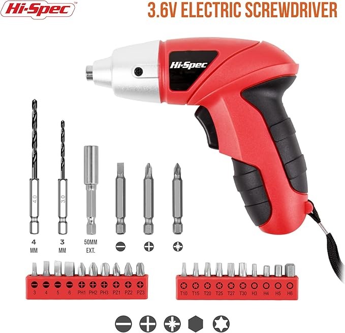 Hi-Spec Electric Screwdriver 27 Piece 3.6V USB Compact Electric Screwdriver Set. Wireless charging, comes with driver bit set Color: Red