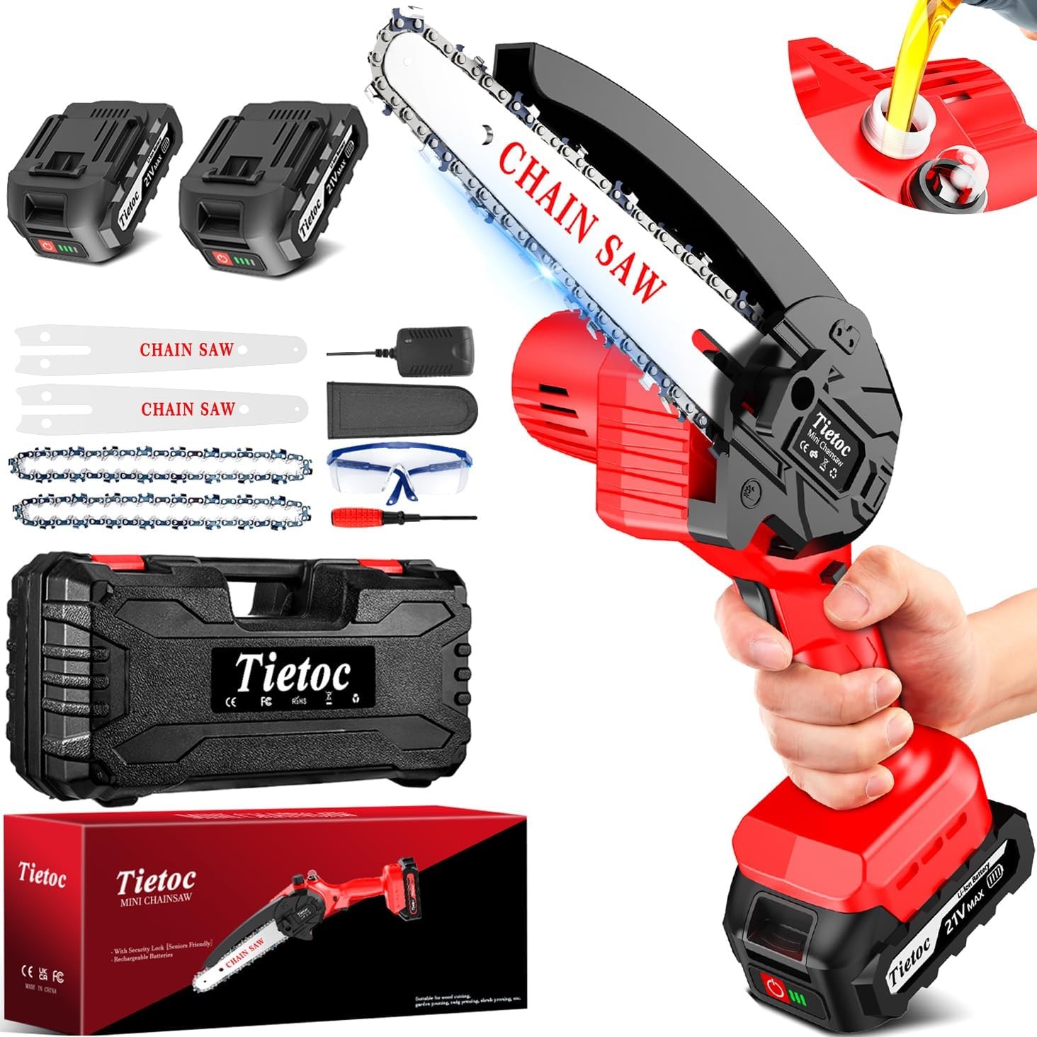 Tietoc Mini Chainsaw 6 Inch with 2 Batteries, Great Chainsaw Gift for Men, Dad, Husband and Gardener, Cool Gadget for Men, Great Men's Gift for Dad on Birthday Style: Red - 2 batteries