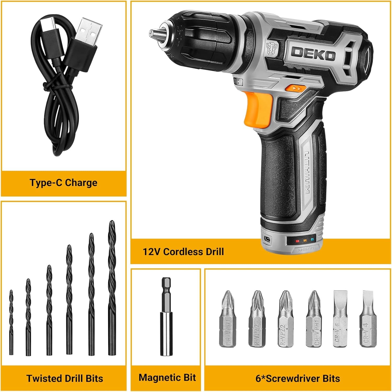 Cordless Drill: DEKOPRO 12V Drill Kit, 800RPM Drill, with Tool Set Gift Box, Drill Kit Color: Gray