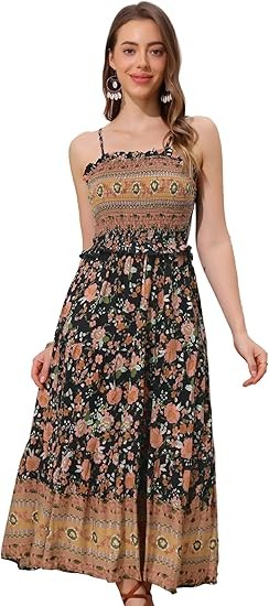 Bohemian style summer floral dress for women, spaghetti strap A-line flowing pleated maxi dress Color: Black