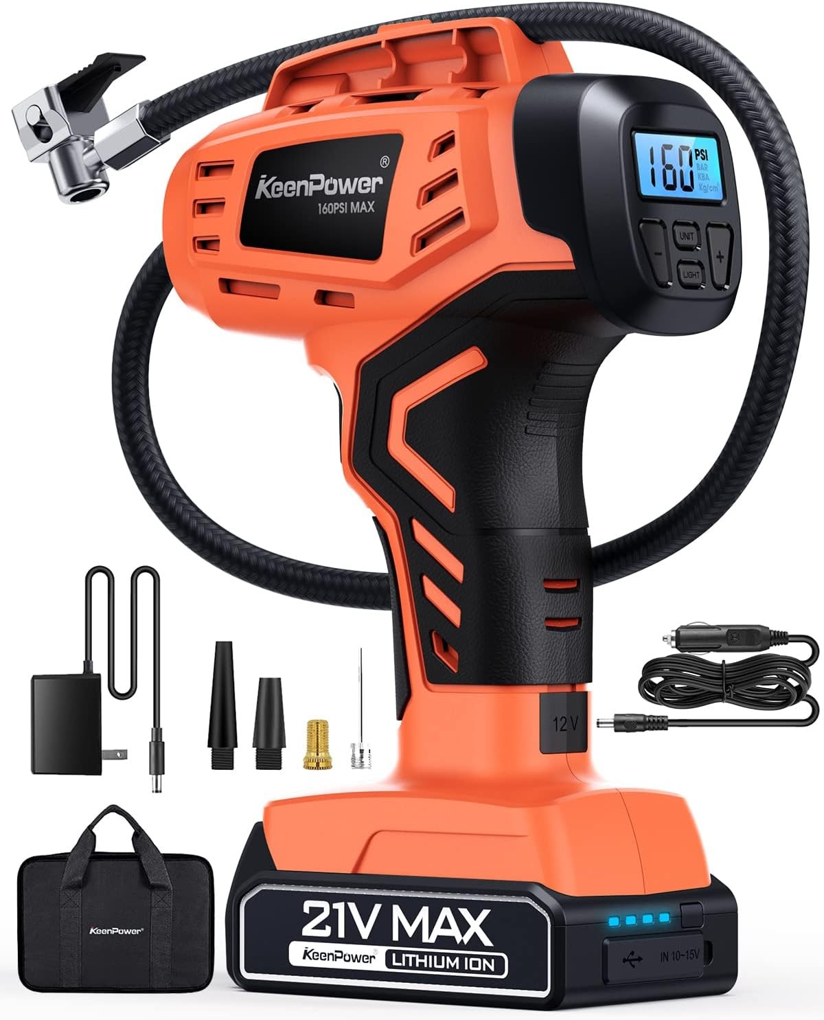 Tire Inflator Portable Air Compressor - 2X Faster - 21V Rechargeable Battery Powered Handheld 160PSI Tire Inflator, Dual Power Supply Modes, Air Pump for Car Motorcycle E-Bike