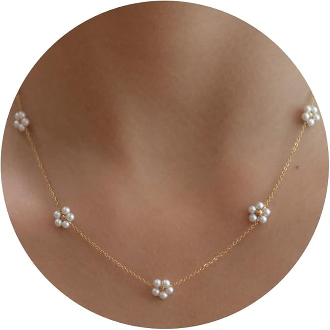 Pearl Necklace for Women- 14K Gold-plated/White Gold-plated Dainty Pearl Necklace for Women Color: Gold daisy flower