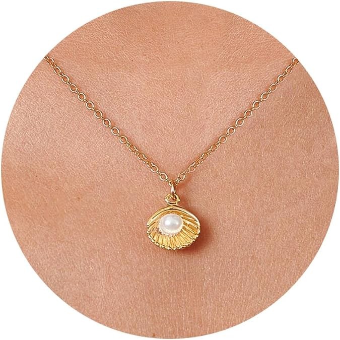 Pearl Necklace for Women- 14K Gold-plated/White Gold-plated Dainty Pearl Necklace for Women Color: Gold shell pearl