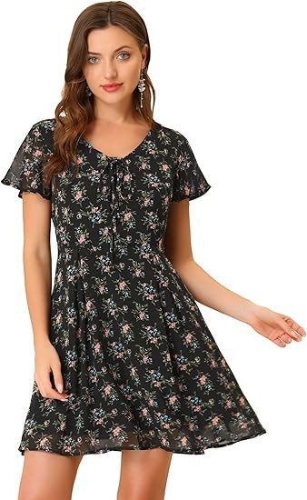 Allegra K Women's Floral Printed Spring Summer Flare Short Sleeve Lace-up V Neck Chiffon Dress Color: Black Floral
