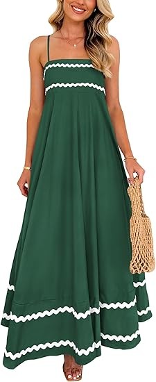 Women's summer flowing long dress casual sleeveless spaghetti strap ruffled beach dress Color: Dark Green