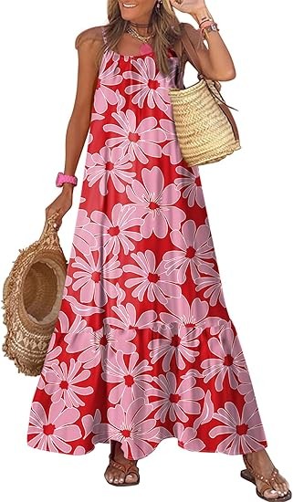 Women's Summer Dress Spaghetti Strap Round Neck Ruffle Flowing Bohemian Maxi Dress Color: Red