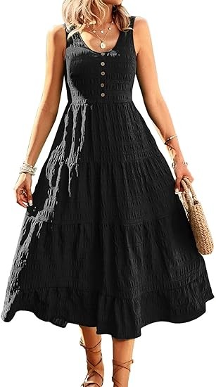 Women's Casual Summer Dress Loose Sleeveless Tank Dress Ruffled Layered Flowy Midi Sundress with Pockets Color: Black