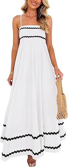 Women's summer flowing long dress casual sleeveless spaghetti strap ruffled beach dress Color: White