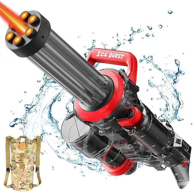 Gatling Electric Water Gun for Adults and Kids, Most Powerful Fully Automatic Water Gun with Large Storage Backpack, Up to 36 Feet Range, Dazzling Gunshot Effects, Muzzle Flash - Red