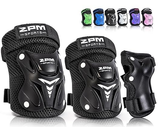 2PM SPORTS Children's Knee Pads, Wrist Pads, Knee Pads and Elbow Pads Set with Drawstring Bag, Girls Boys Roller Skating Cycling Skateboarding Protective Gear Set - Black (Small)
